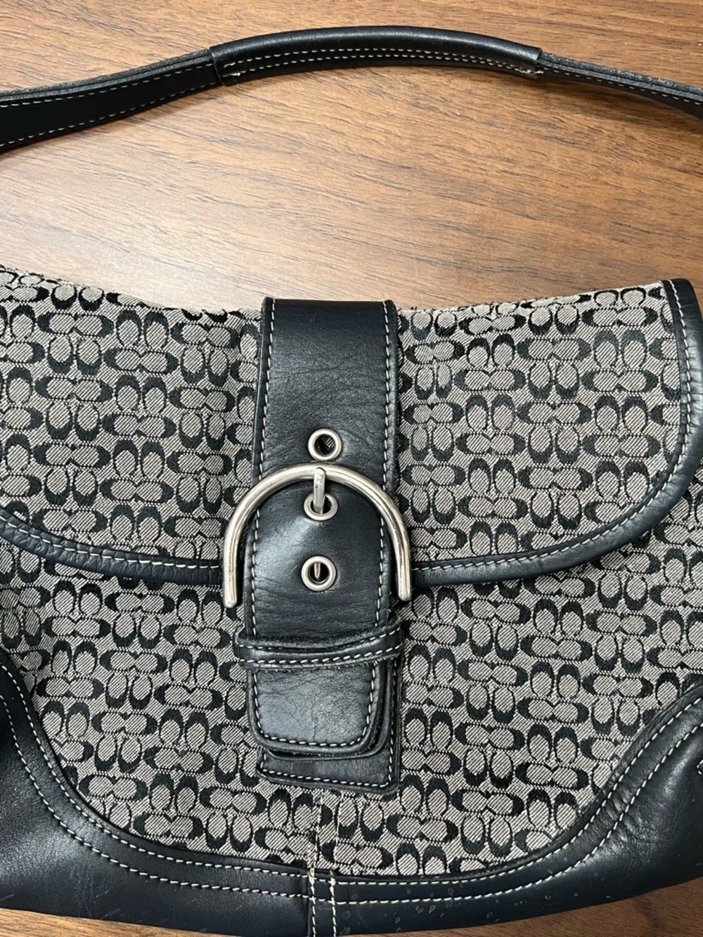Coach Black and Gray Signature Shoulder Bag with Silver Buckle